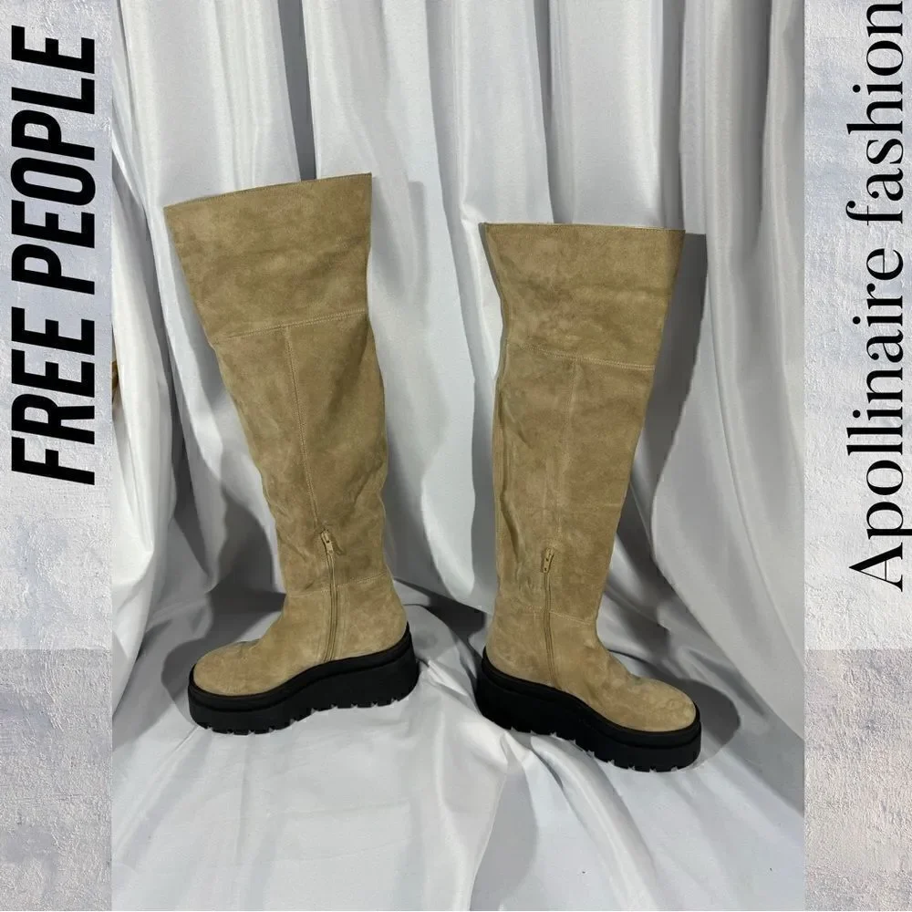 FREE PEOPLE LONDON CALLING SUEDE OVER THE KNEES BOOTS IN STONE SIZE 39